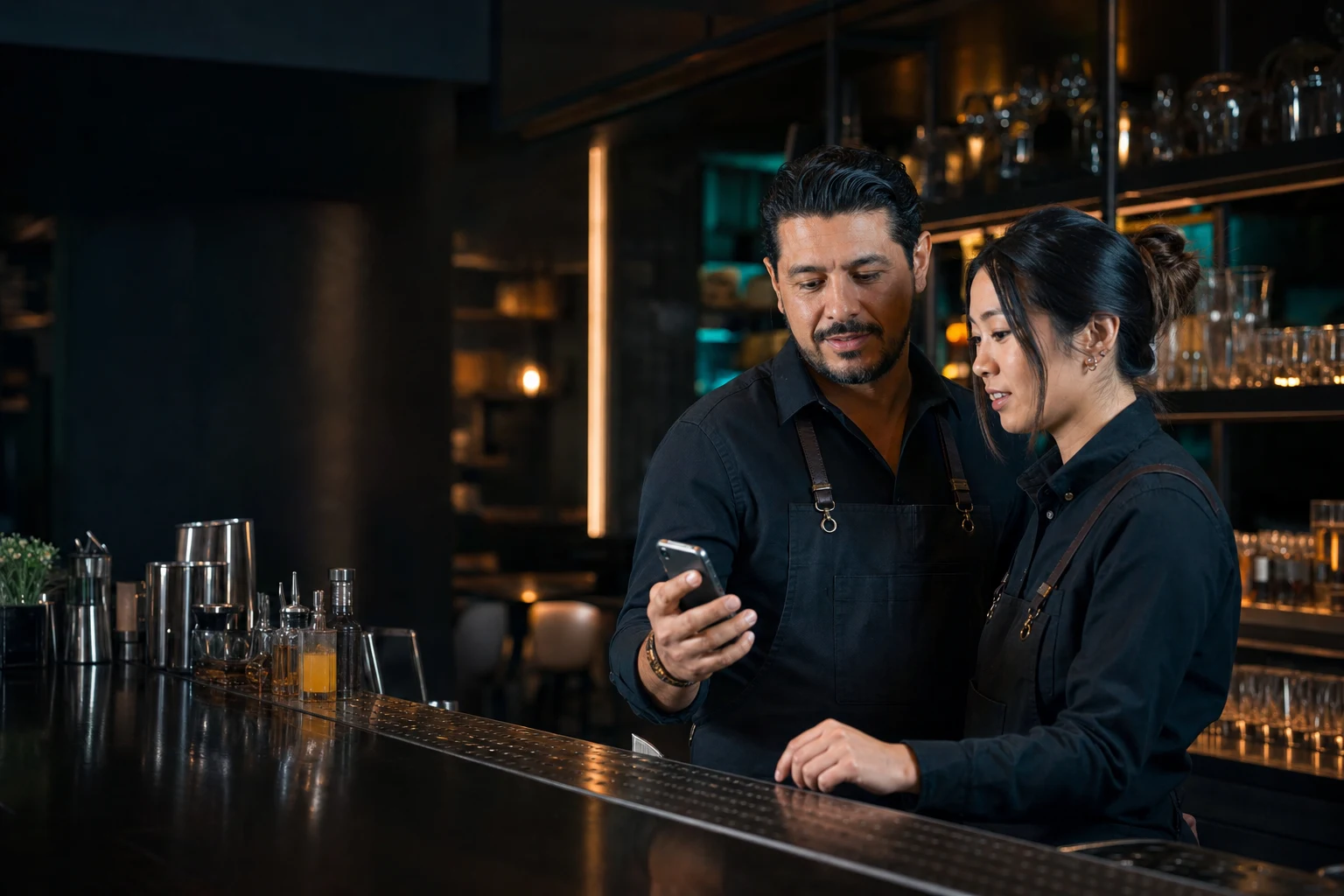 A bar manager and bartender reviewing staffing details before service